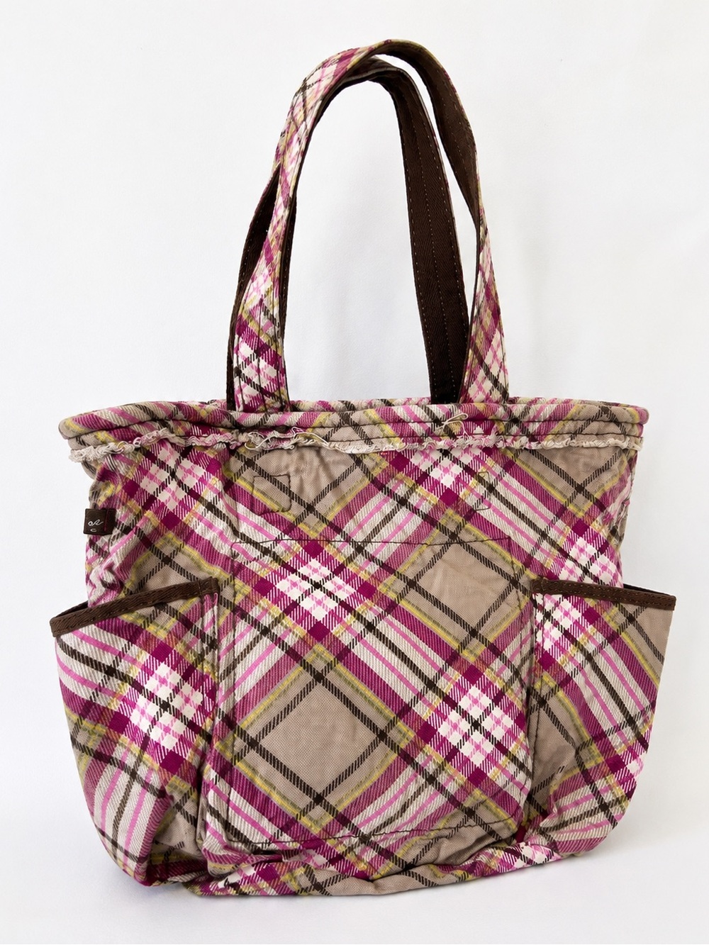 Thirty-one Plaid Distressed Canvas Tote Bag in Pink and Cream